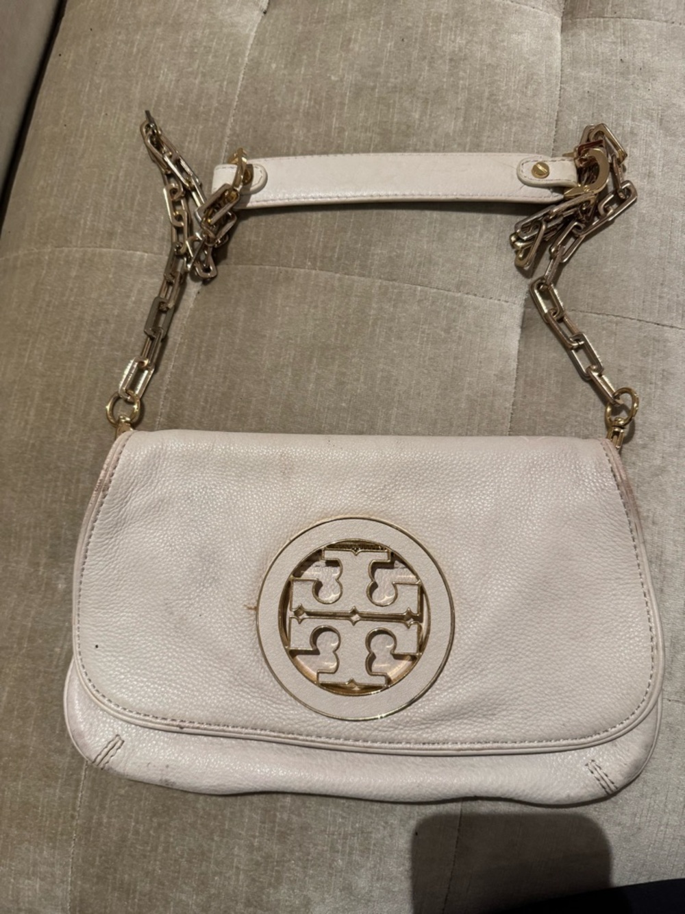 Tory Burch Cream Leather Logo Chain Shoulder Bag with Gold Hardware